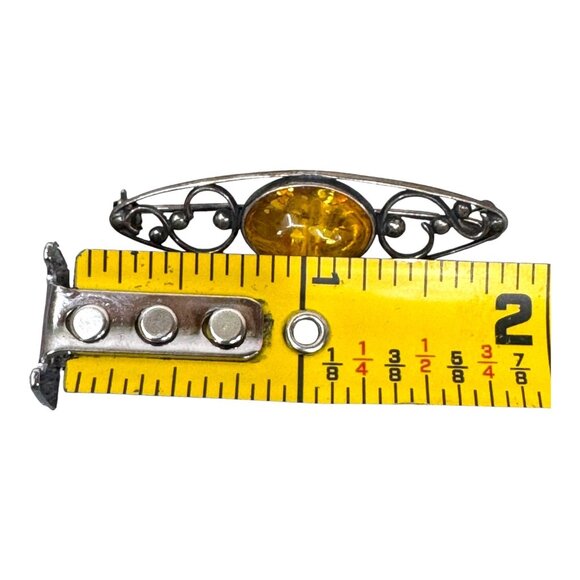Vintage Baltic Amber Brooch Pin Poland Intricate Silver Filigree Design Art Deco - Picture 4 of 5